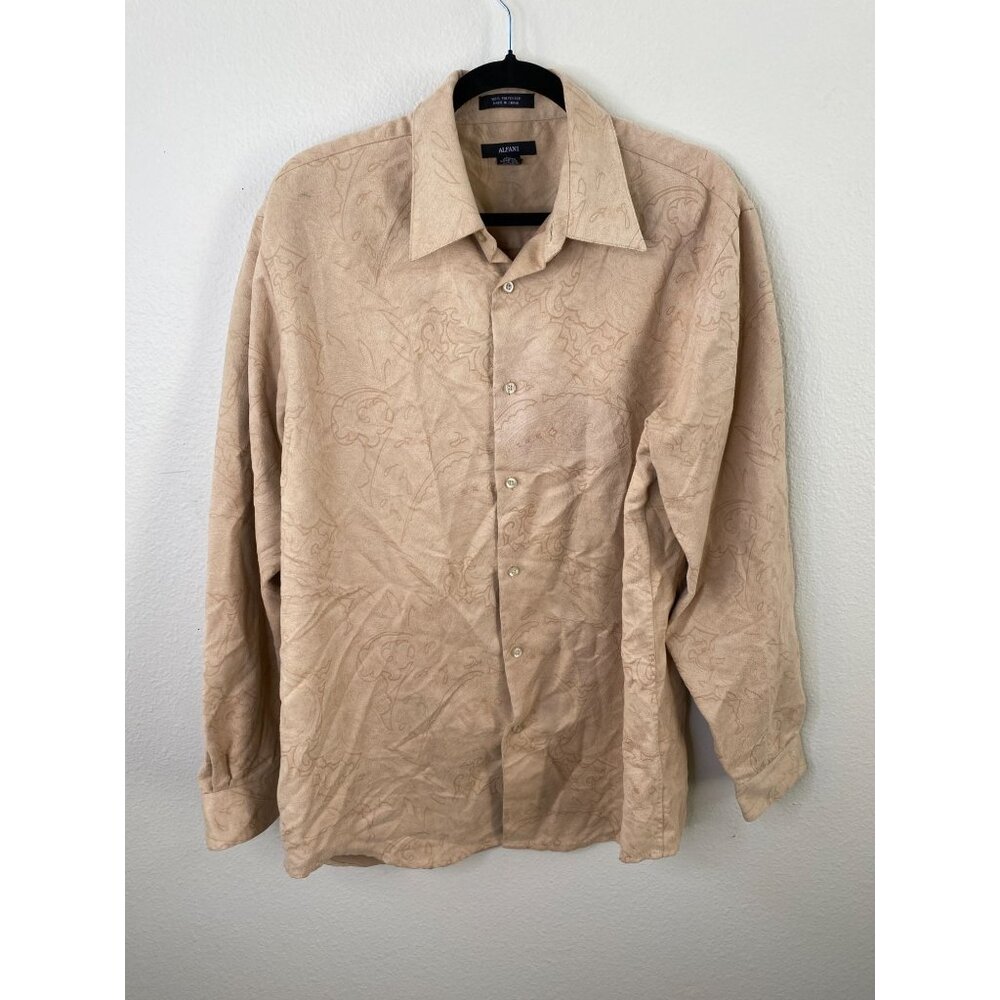 Alfani Beige Long Sleeve Button-Up Shirt Patterned Mens L Polyester Suede Like